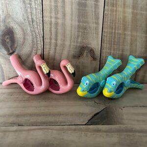 Flamingo & Fish Beach Towel Clips for Beach Chairs, Lounge Chairs, Drying Racks